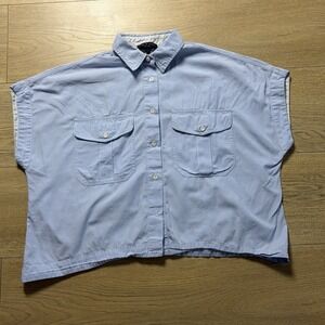 Rag & Bone Women Cropped Collared Button Up Short Sleeve Blue Striped Top XXS